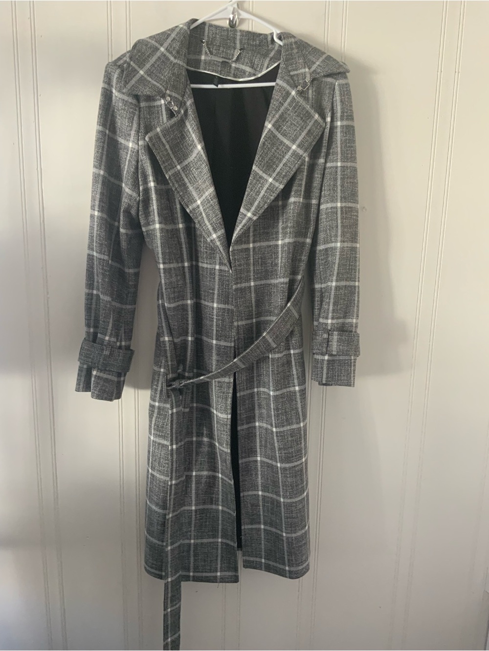 White House Black Market Gray Plaid Belted Trench Coat